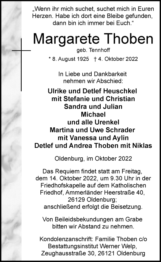 Traueranzeige von Margarete Thoben von Nordwest-Zeitung