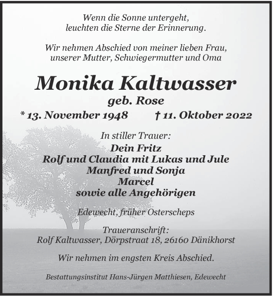 Traueranzeige von Monika Kaltwasser von Nordwest-Zeitung