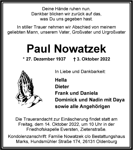 Traueranzeige von Paul Nowatzek von Nordwest-Zeitung