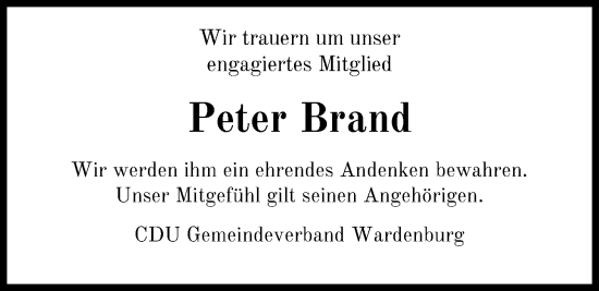 Traueranzeige von Peter Brand von Nordwest-Zeitung