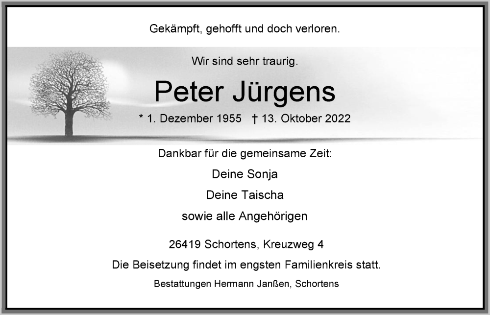  Traueranzeige für Peter Jürgens vom 22.10.2022 aus Nordwest-Zeitung