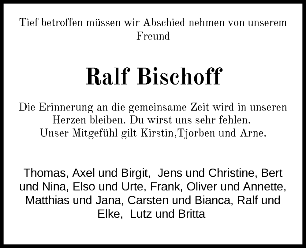  Traueranzeige für Ralf Bischoff vom 12.10.2022 aus Nordwest-Zeitung