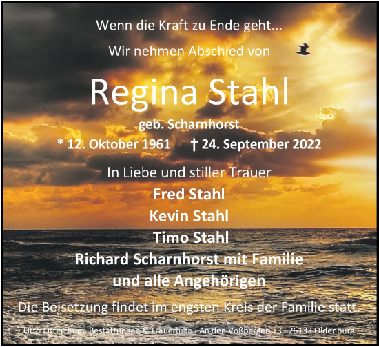 Traueranzeige von Regina Stahl von Nordwest-Zeitung