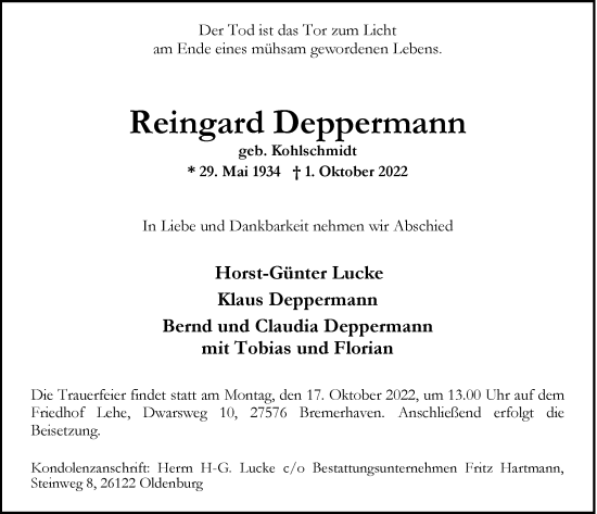 Traueranzeige von Reingard Deppermann von Nordwest-Zeitung