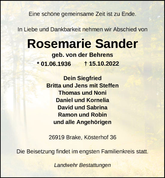 Traueranzeige von Rosemarie Sander von Nordwest-Zeitung