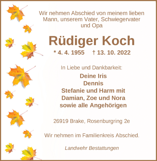 Traueranzeige von Rüdiger Koch von Nordwest-Zeitung