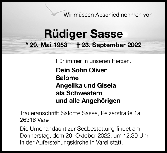 Traueranzeige von Rüdiger Sasse von Nordwest-Zeitung