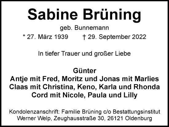 Traueranzeige von Sabine Brüning von Nordwest-Zeitung