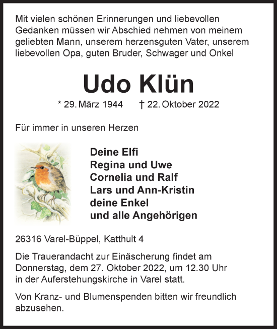 Traueranzeige von Udo Klün von Nordwest-Zeitung