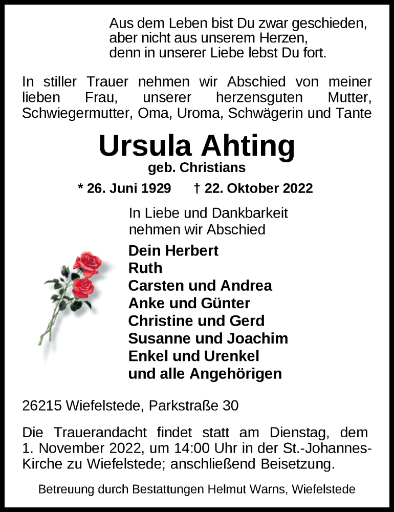  Traueranzeige für Ursula Ahting vom 26.10.2022 aus Nordwest-Zeitung