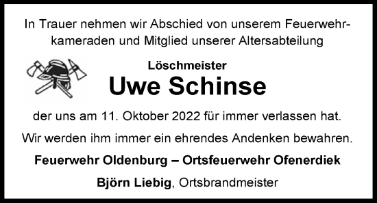 Traueranzeige von Uwe Schinse von Nordwest-Zeitung