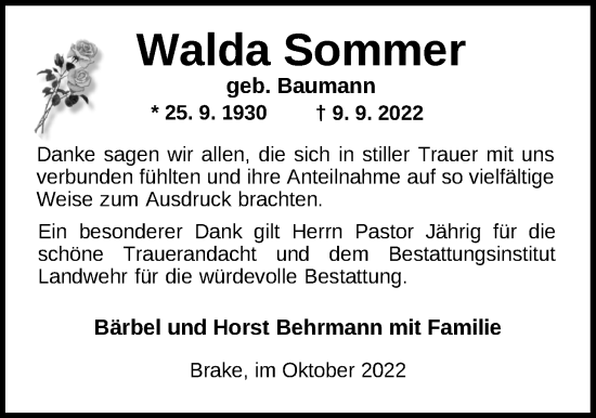 Traueranzeige von Walda Sommer von Nordwest-Zeitung
