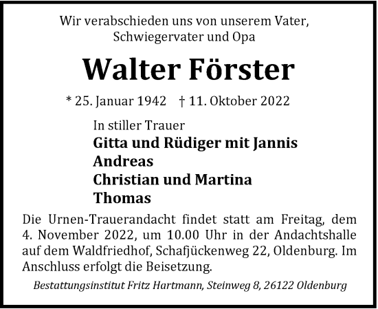 Traueranzeige von Walter Förster von Nordwest-Zeitung