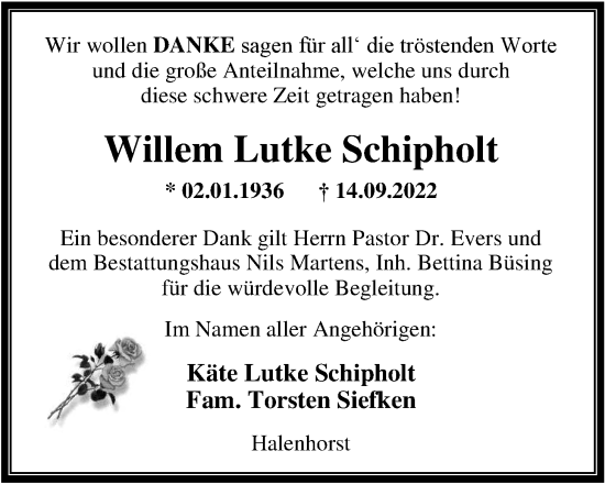 Traueranzeige von Willem  Lutke Schipholt von Nordwest-Zeitung
