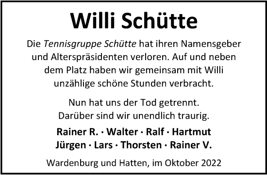 Traueranzeige von Willi Schütte von Nordwest-Zeitung
