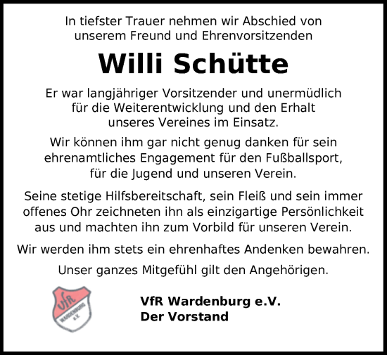 Traueranzeige von Willi Schütte von Nordwest-Zeitung