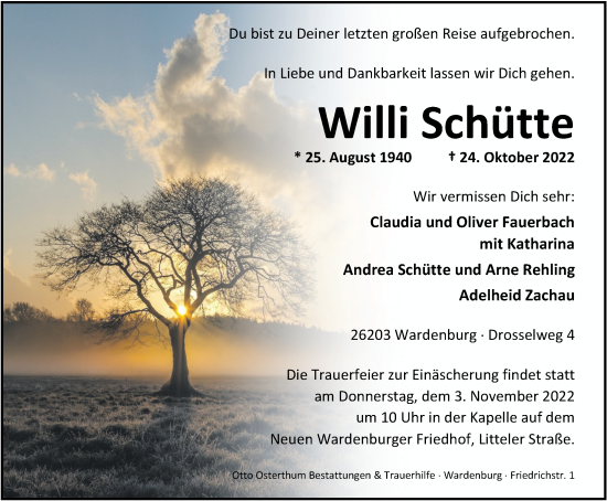Traueranzeige von Willi Schütte von Nordwest-Zeitung