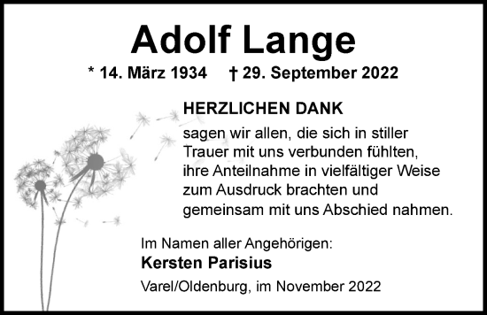 Traueranzeige von Adolf Lange von Nordwest-Zeitung