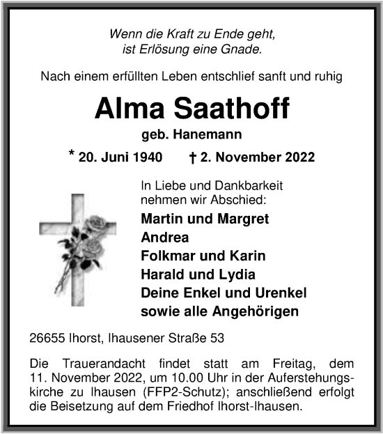 Traueranzeige von Alma Saathoff von Nordwest-Zeitung