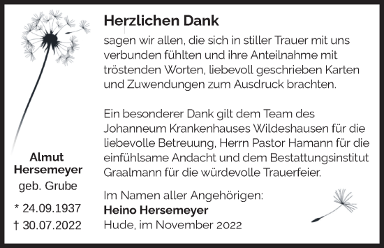 Traueranzeige von Almut Hersemeyer von Nordwest-Zeitung