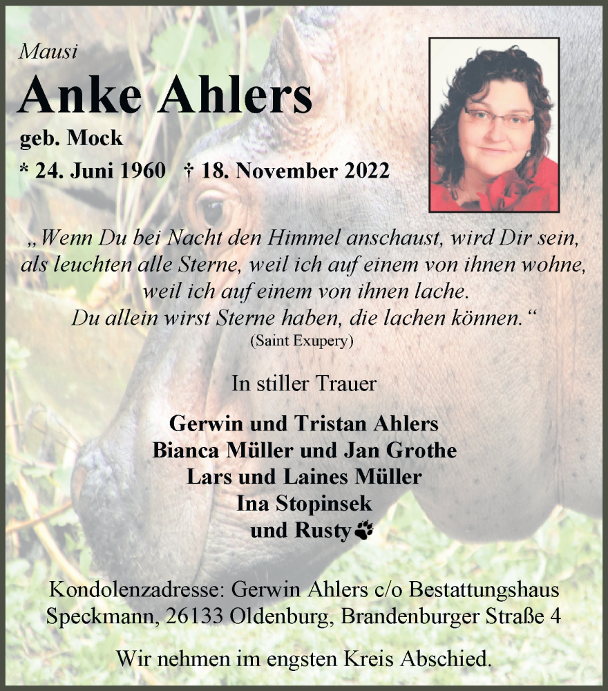  Traueranzeige für Anke Ahlers vom 25.11.2022 aus Nordwest-Zeitung