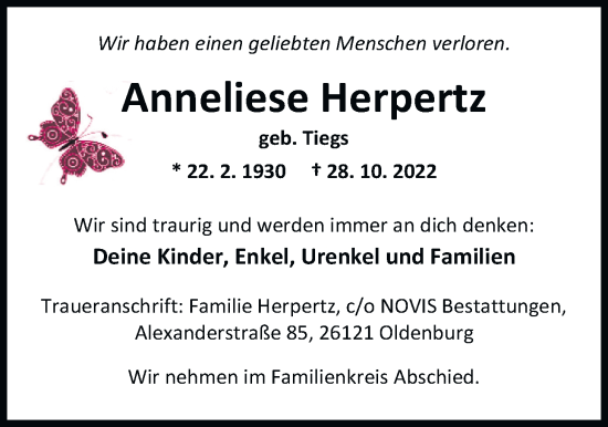 Traueranzeige von Anneliese Herpertz von Nordwest-Zeitung