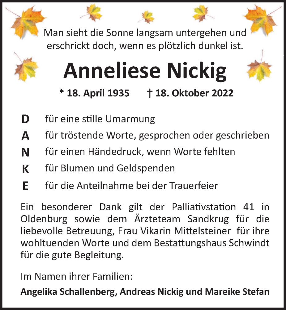  Traueranzeige für Anneliese Nickig vom 25.11.2022 aus Nordwest-Zeitung