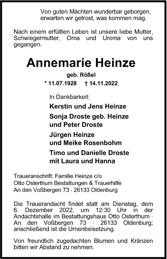 Traueranzeige von Annemarie Heinze von Nordwest-Zeitung