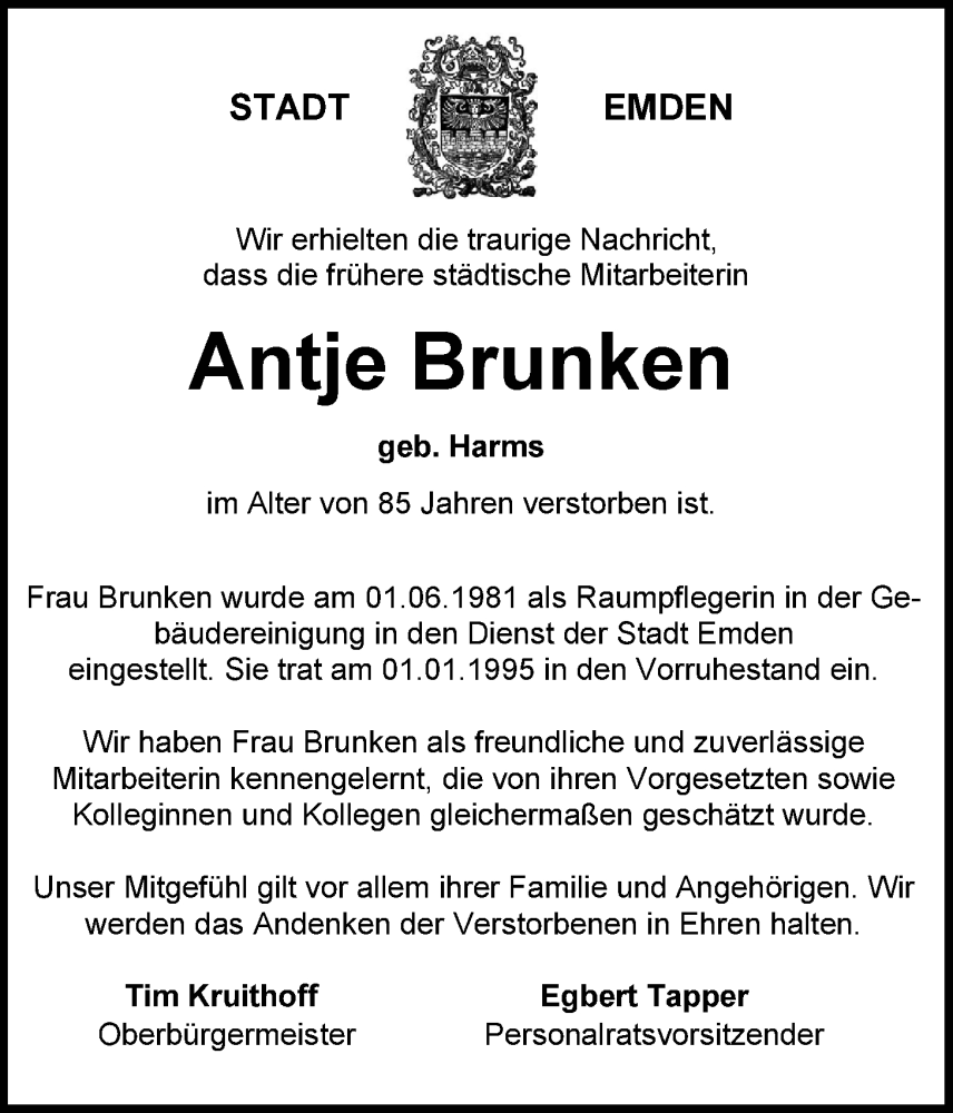 Traueranzeige für Antje Brunken vom 24.11.2022 aus Emder Zeitung