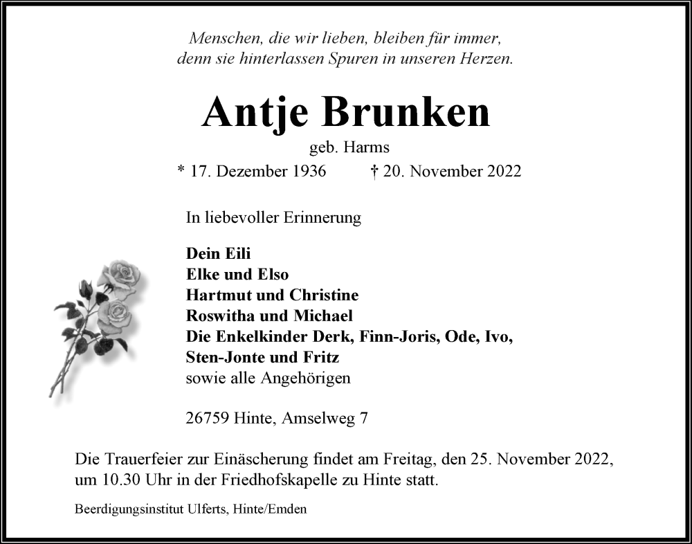  Traueranzeige für Antje Brunken vom 22.11.2022 aus Emder Zeitung