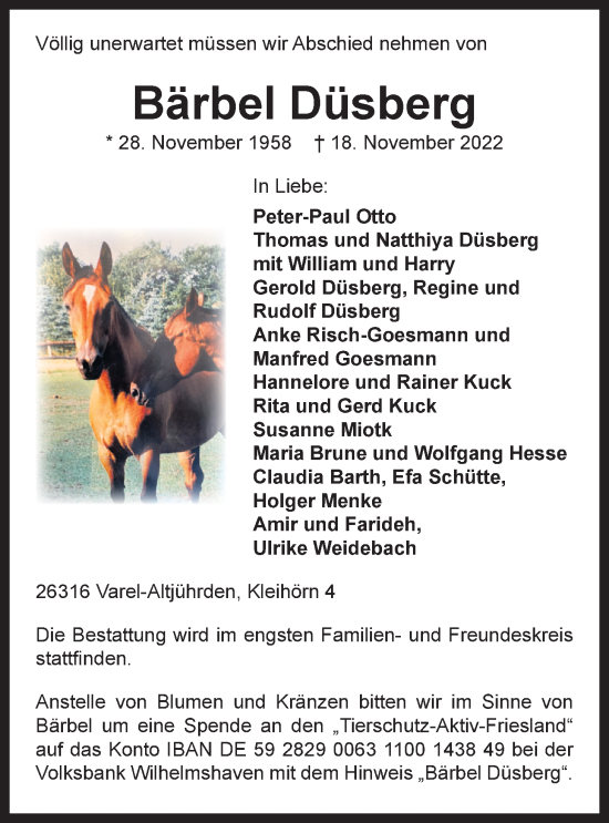 Traueranzeige von Bärbel Düsberg von Nordwest-Zeitung