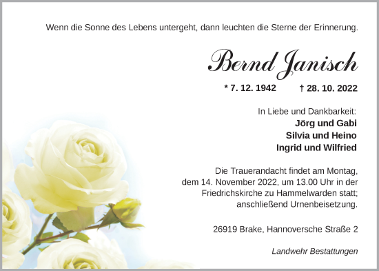 Traueranzeige von Bernd Janisch von Nordwest-Zeitung
