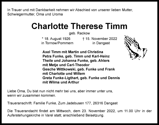 Traueranzeige von Charlotte Therese Timm von Nordwest-Zeitung