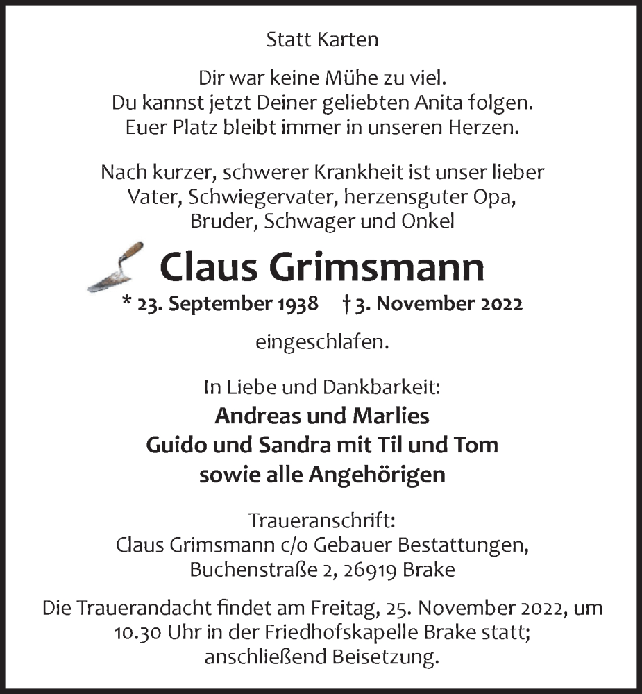  Traueranzeige für Claus Grimsmann vom 05.11.2022 aus Nordwest-Zeitung