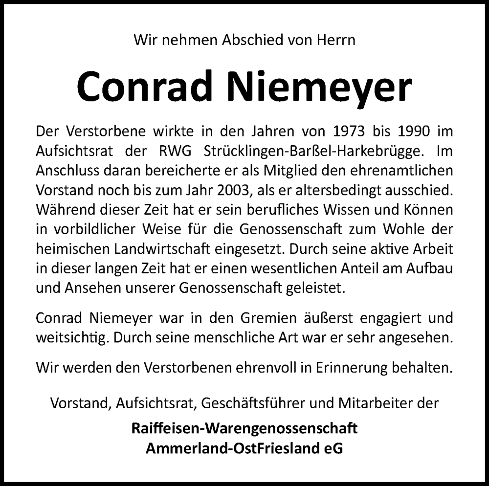  Traueranzeige für Conrad Niemeyer vom 24.11.2022 aus Nordwest-Zeitung