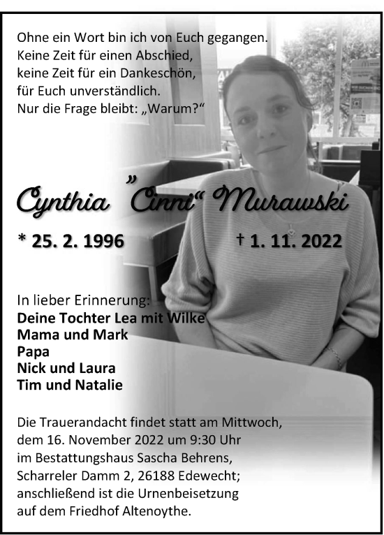 Traueranzeige von Cynthia Murawski von Nordwest-Zeitung