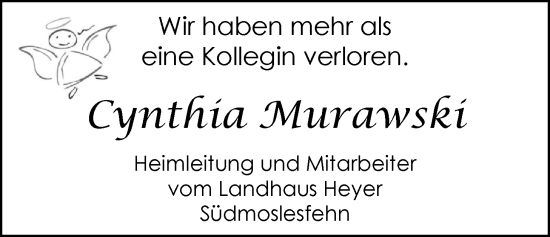 Traueranzeige von Cynthia Murawski von Nordwest-Zeitung