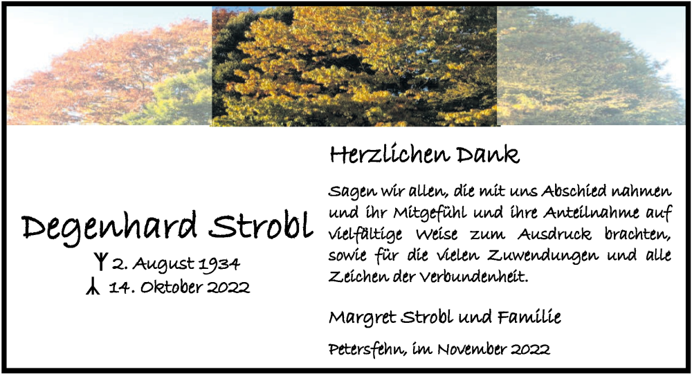  Traueranzeige für Degenhard Strobl vom 19.11.2022 aus Nordwest-Zeitung