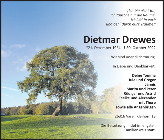 Traueranzeige von Dietmar Drewes von Nordwest-Zeitung