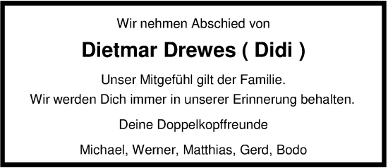 Traueranzeige von Dietmar Drewes von Nordwest-Zeitung
