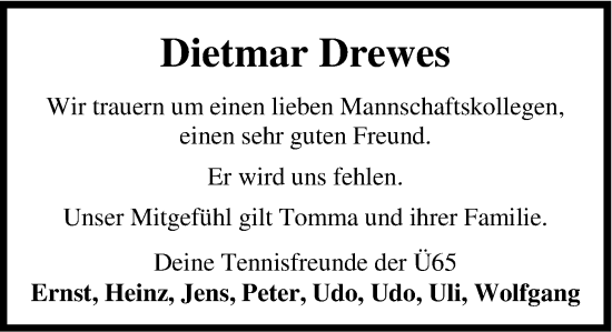 Traueranzeige von Dietmar Drewes von Nordwest-Zeitung