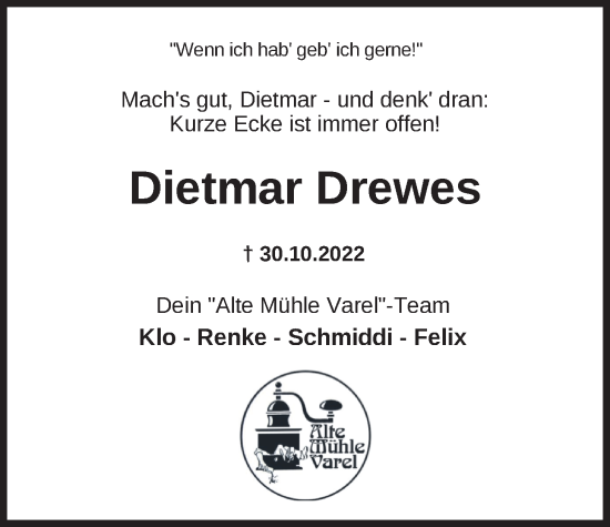 Traueranzeige von Dietmar Drewes von Nordwest-Zeitung