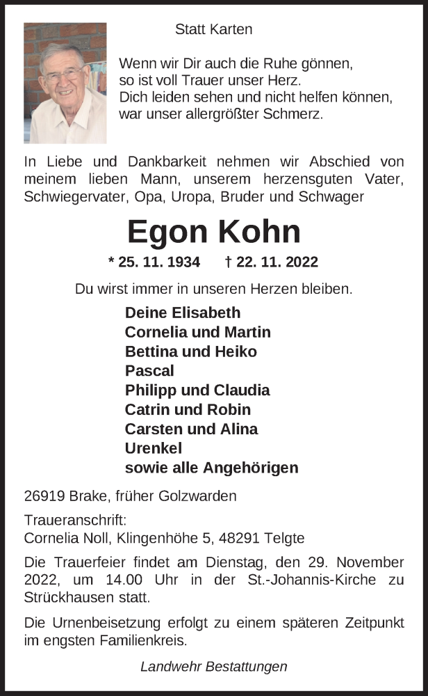  Traueranzeige für Egon Kohn vom 25.11.2022 aus Nordwest-Zeitung