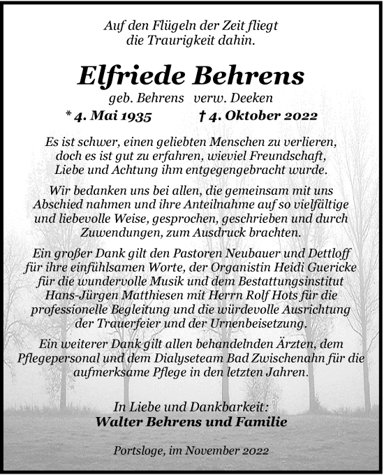 Traueranzeige von Elfriede Behrens von Nordwest-Zeitung