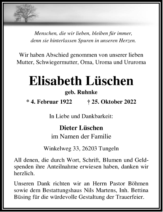Traueranzeige von Elisabeth Lüschen von Nordwest-Zeitung