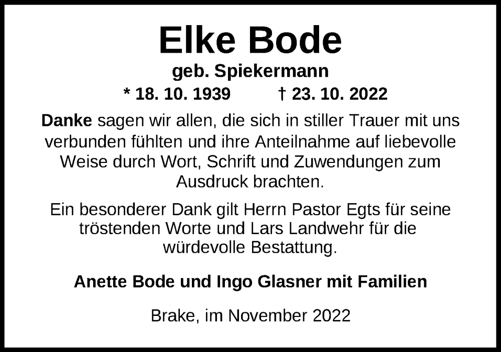  Traueranzeige für Elke Bode vom 17.11.2022 aus Nordwest-Zeitung