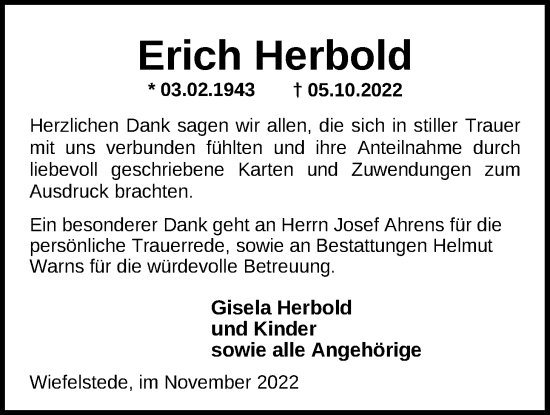 Traueranzeige von Erich Herbold von Nordwest-Zeitung