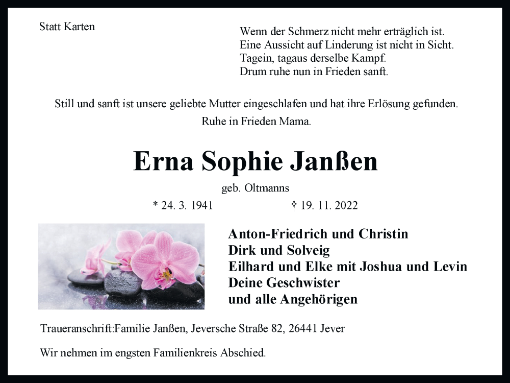  Traueranzeige für Erna Sophie Janßen vom 22.11.2022 aus Nordwest-Zeitung