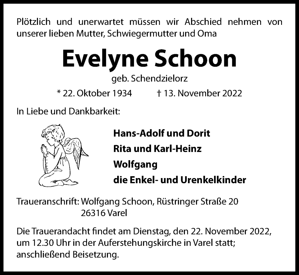  Traueranzeige für Evelyne Schoon vom 19.11.2022 aus Nordwest-Zeitung