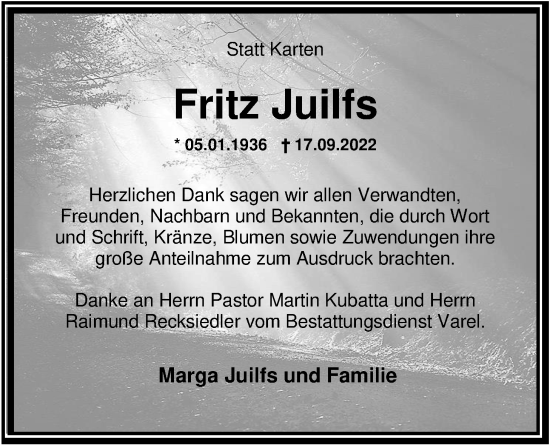 Traueranzeige von Fritz Juilfs von Nordwest-Zeitung